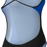 Nike Swim Ladies' Poly Color Surge Cut-Out Tank One-Piece Swimsuit - A black one-piece swimsuit with a cut-out design on the side, featuring blue and white accents.