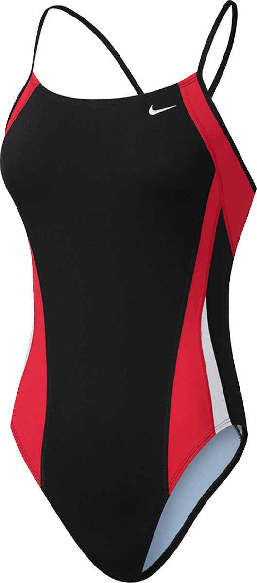 Nike Swim Ladies' Poly Color Surge Cut-Out Tank One-Piece Swimsuit - A black one-piece swimsuit with red and gray cut-out details on the sides.