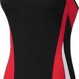 Nike Swim Ladies' Poly Color Surge Cut-Out Tank One-Piece Swimsuit - A black one-piece swimsuit with red and gray cut-out details on the sides.