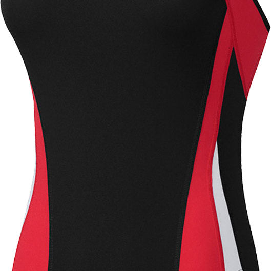 Nike Swim Ladies' Poly Color Surge Cut-Out Tank One-Piece Swimsuit - A black one-piece swimsuit with red and gray cut-out details on the sides.