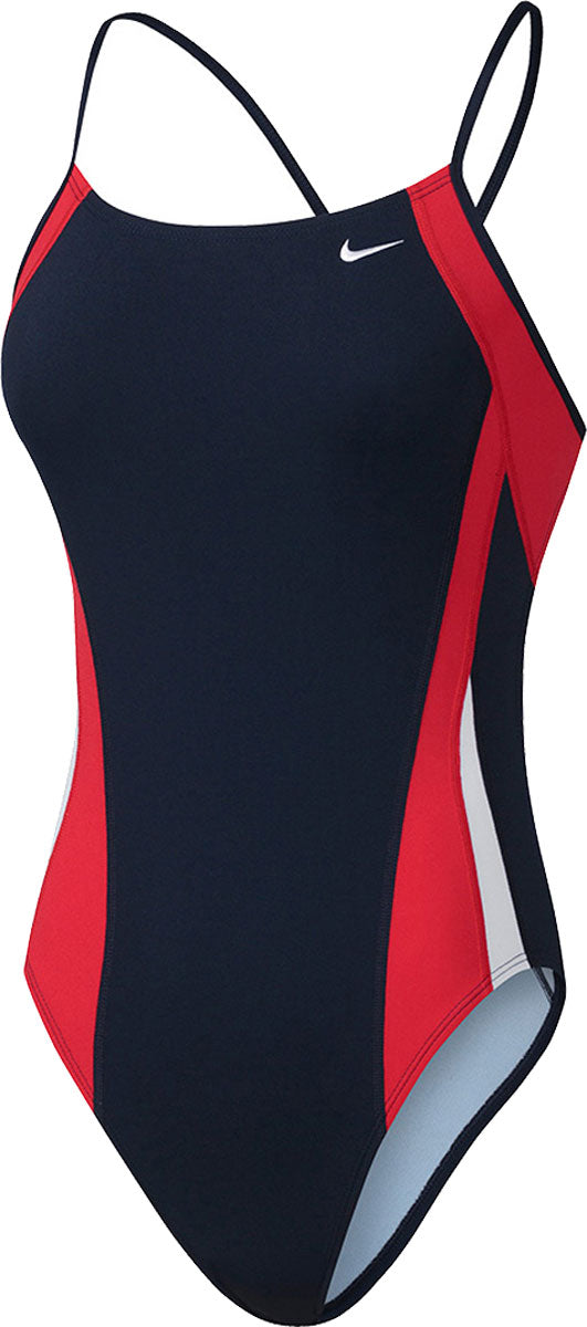 Nike Swim Ladies' Poly Color Surge Cut-Out Tank One-Piece Swimsuit - A black one-piece swimsuit with red and white cut-out details on the sides.