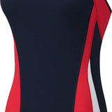 Nike Swim Ladies' Poly Color Surge Cut-Out Tank One-Piece Swimsuit - A black one-piece swimsuit with red and white cut-out details on the sides.