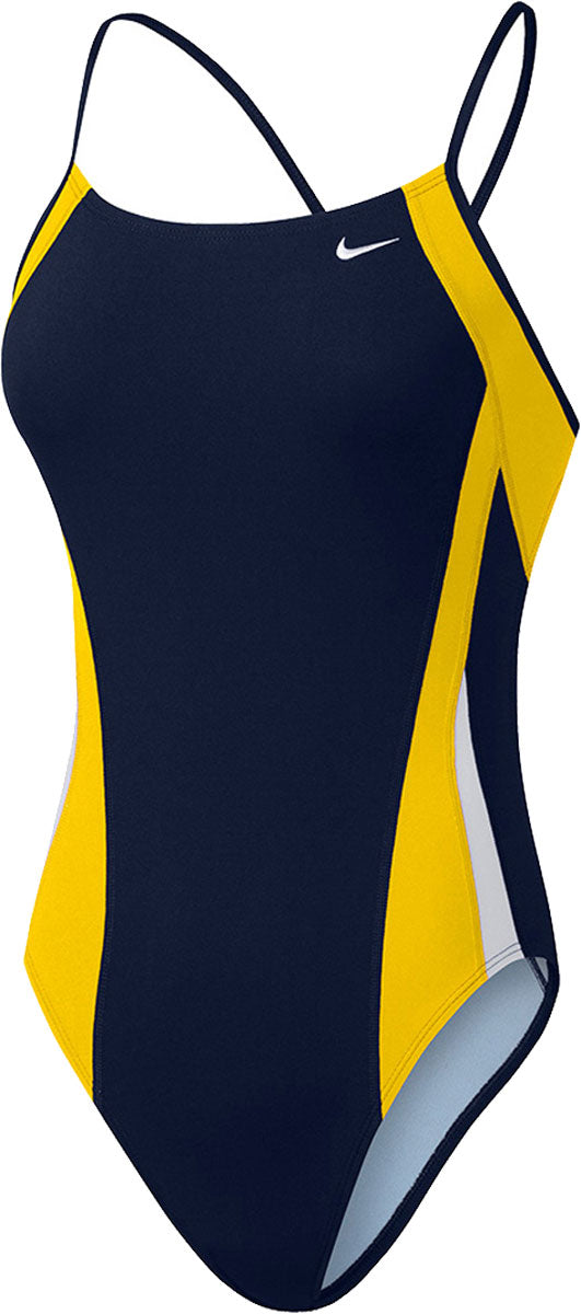 Nike Swim Ladies' Poly Color Surge Cut-Out Tank One-Piece Swimsuit - A navy blue one-piece swimsuit with yellow and light gray accents, featuring a cut-out design on the side.