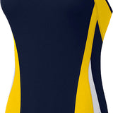 Nike Swim Ladies' Poly Color Surge Cut-Out Tank One-Piece Swimsuit - A navy blue one-piece swimsuit with yellow and light gray accents, featuring a cut-out design on the side.