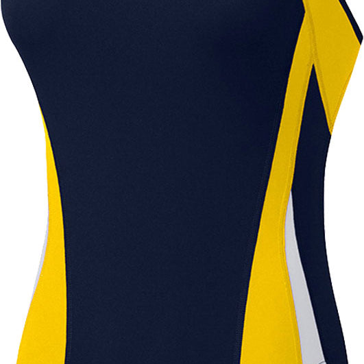 Nike Swim Ladies' Poly Color Surge Cut-Out Tank One-Piece Swimsuit - A navy blue one-piece swimsuit with yellow and light gray accents, featuring a cut-out design on the side.