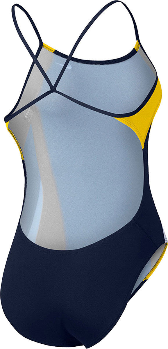 Nike Swim Ladies' Poly Color Surge Cut-Out Tank One-Piece Swimsuit - A black one-piece swimsuit with yellow cut-outs and a mesh back.