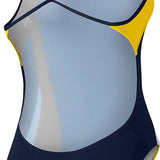 Nike Swim Ladies' Poly Color Surge Cut-Out Tank One-Piece Swimsuit - A black one-piece swimsuit with yellow cut-outs and a mesh back.