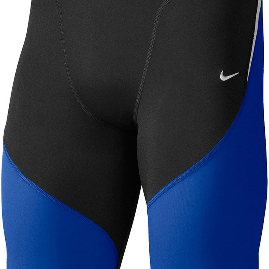 Nike Swim Men's Poly Color Surge Jammer Swimsuit - A black swimsuit with blue and white accents on the sides.