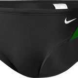 Nike Swim Men's Poly Color Surge Brief Swimsuit - A black brief swimsuit with a white Nike logo and green, blue, yellow, and red stripes on the sides.