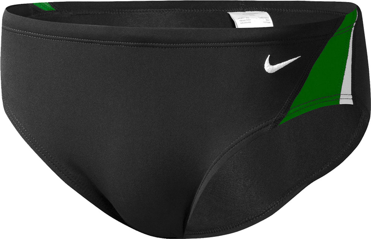 Nike Swim Men's Poly Color Surge Brief Swimsuit - A black brief swimsuit with a white Nike logo and green, blue, yellow, and red stripes on the sides.