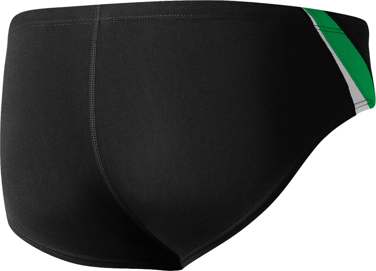 Nike Swim Men's Poly Color Surge Brief Swimsuit - A black brief swimsuit with a green and grey stripe on the right side.