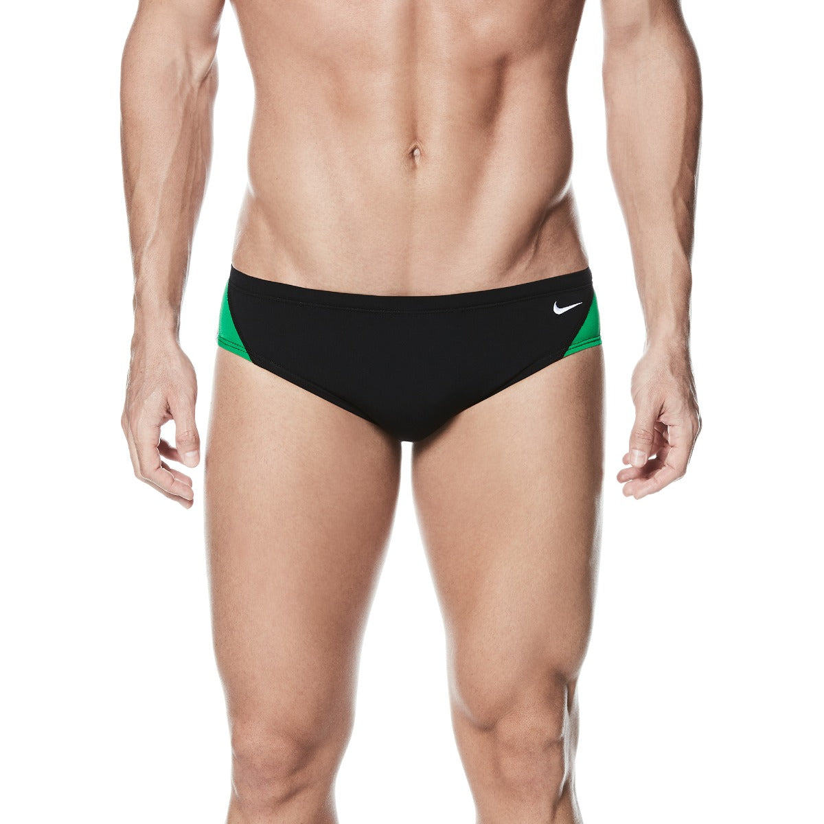 Nike Swim Men's Poly Color Surge Brief Swimsuit - A black brief swimsuit with green and blue accents on the sides.