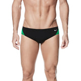 Nike Swim Men's Poly Color Surge Brief Swimsuit - A black brief swimsuit with green and blue accents on the sides.