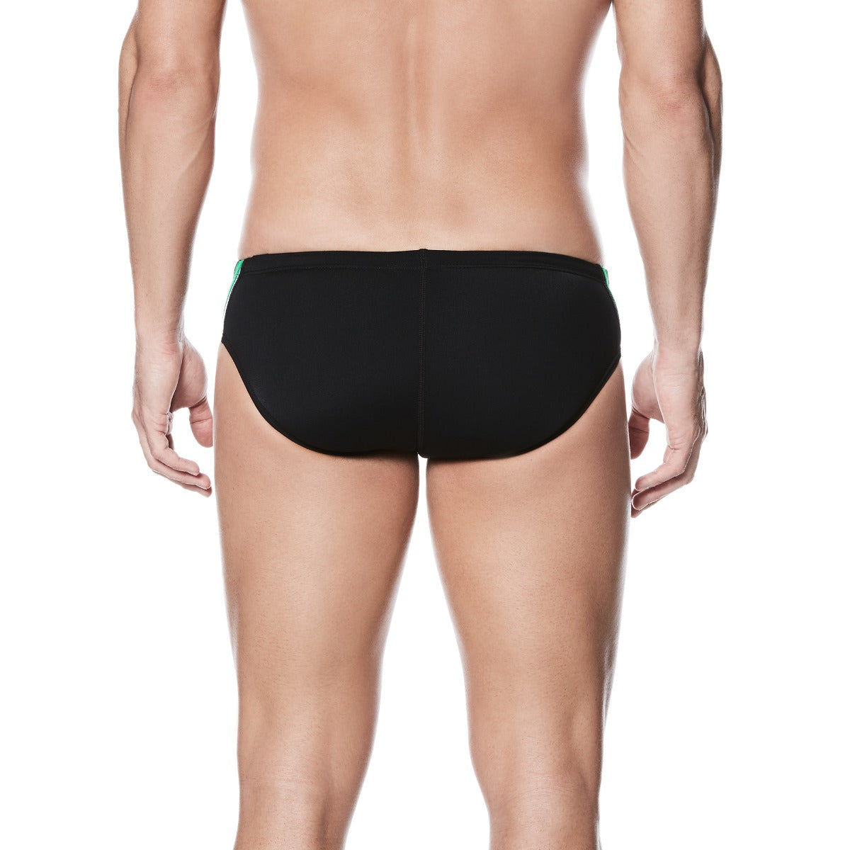 Nike Swim Men's Poly Color Surge Brief Swimsuit - A black brief swimsuit with a green and blue patterned waistband.