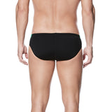 Nike Swim Men's Poly Color Surge Brief Swimsuit - A black brief swimsuit with a green and blue patterned waistband.