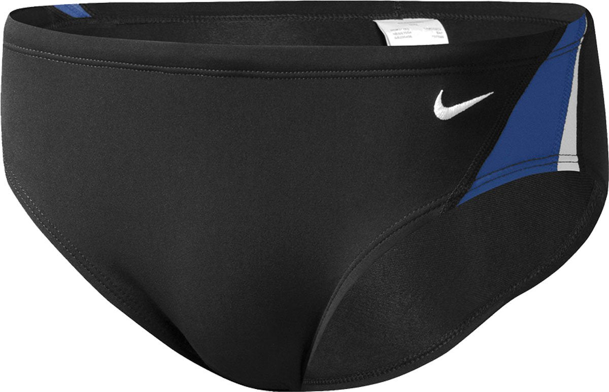 Nike Swim Men's Poly Color Surge Brief Swimsuit - A black brief swimsuit with blue and grey accents on the sides.