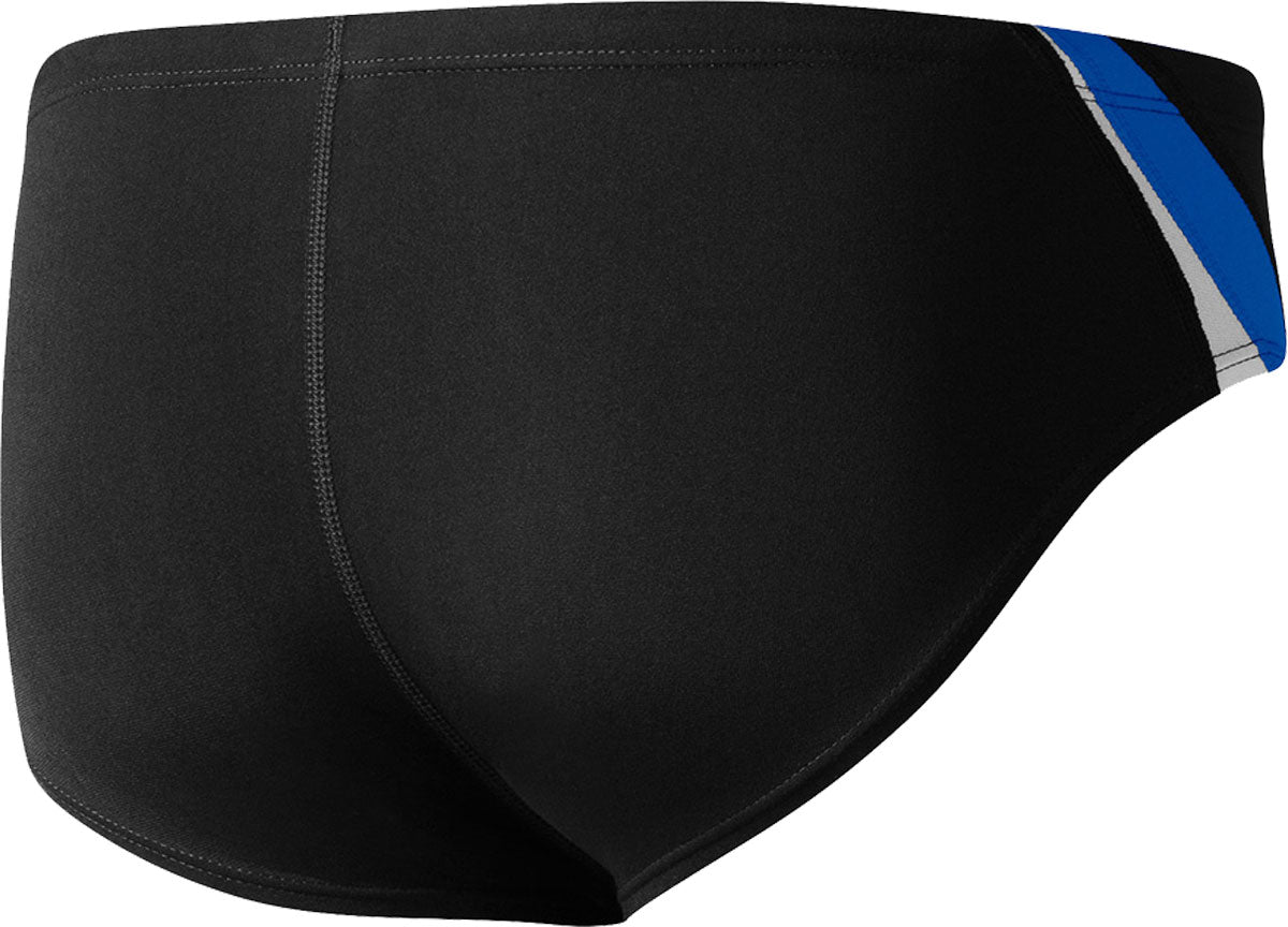 Nike Swim Men's Poly Color Surge Brief Swimsuit - A black brief swimsuit with a blue and grey stripe on the side.