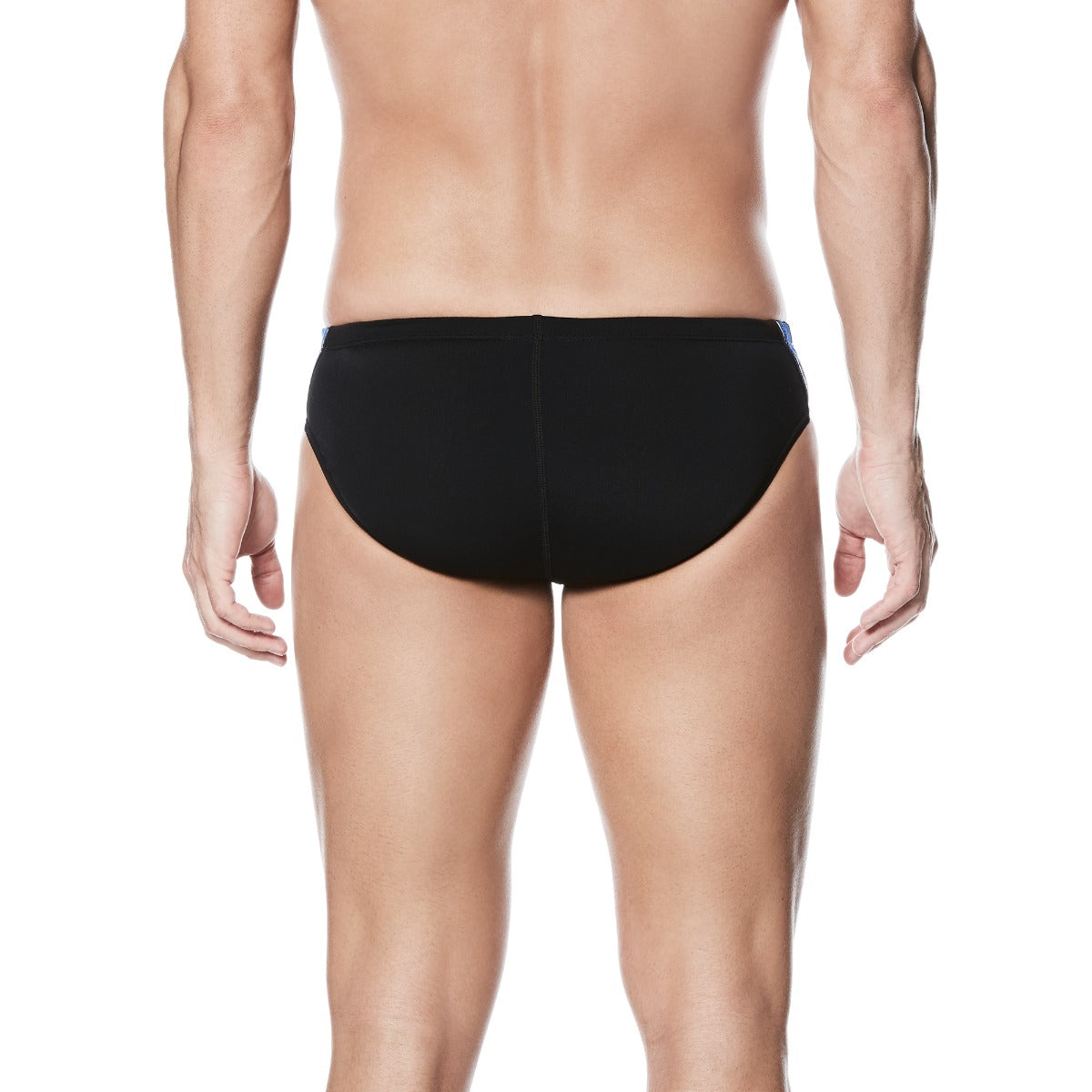 Nike Swim Men's Poly Color Surge Brief Swimsuit - A black brief swimsuit with a blue and white patterned waistband.