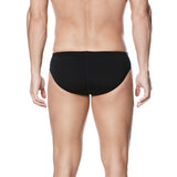 Nike Swim Men's Poly Color Surge Brief Swimsuit - A black brief swimsuit with a blue and white patterned waistband.