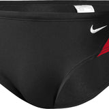 Nike Swim Men's Poly Color Surge Brief Swimsuit - A black brief swimsuit with a red and white geometric pattern on the left leg, featuring a Nike logo in white above it.