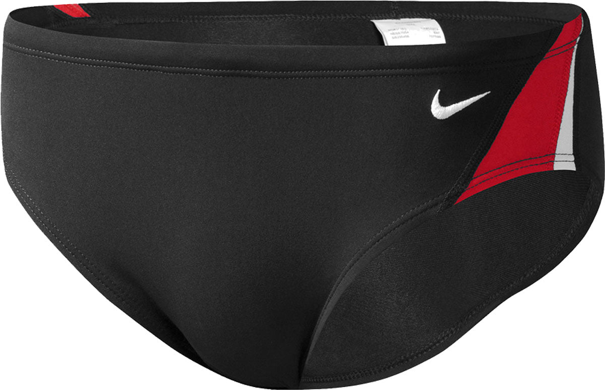Nike Swim Men's Poly Color Surge Brief Swimsuit - A black brief swimsuit with a red and white geometric pattern on the left leg, featuring a Nike logo in white above it.