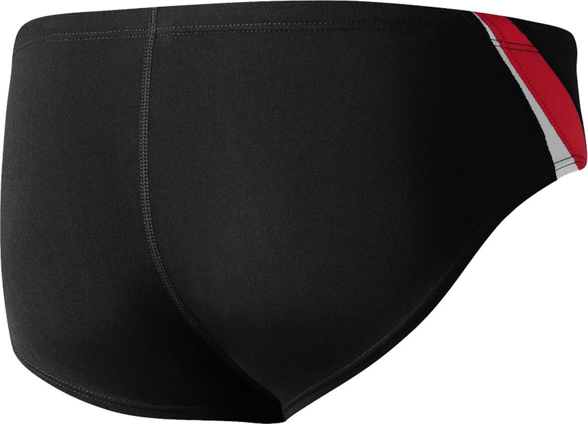 Nike Swim Men's Poly Color Surge Brief Swimsuit - A black brief swimsuit with a red and white stripe on the side.