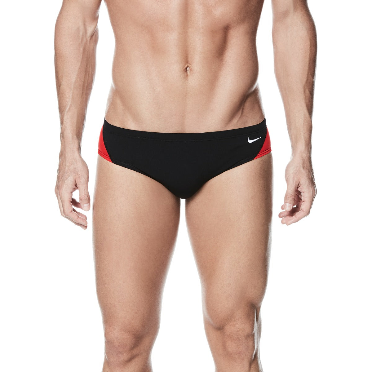 Nike Swim Men's Poly Color Surge Brief Swimsuit - A black brief swimsuit with red and white accents on the sides.