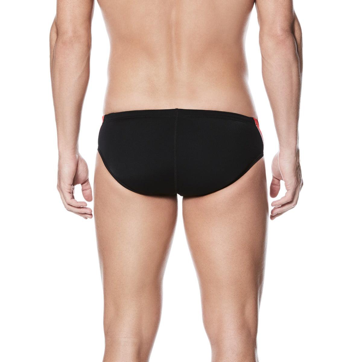 Nike Swim Men's Poly Color Surge Brief Swimsuit - A black brief swimsuit with a red and blue patterned stripe on the side.
