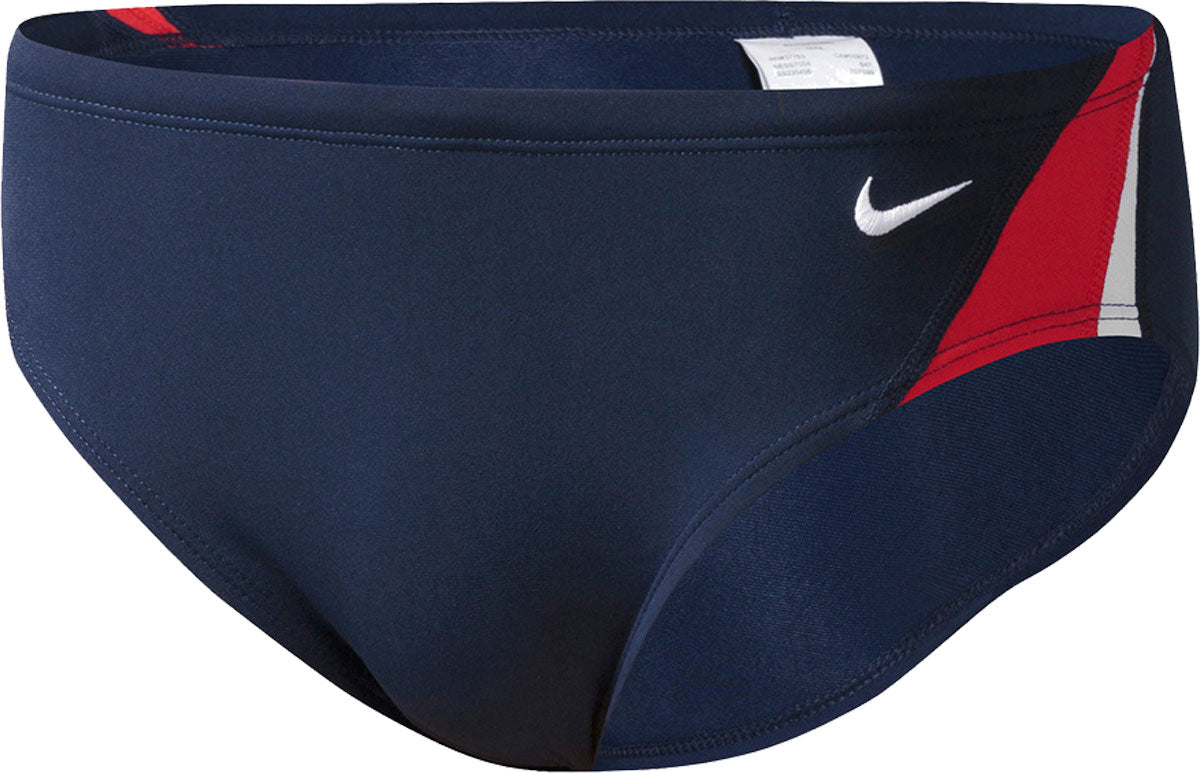 Nike Swim Men's Poly Color Surge Brief Swimsuit - A navy blue swimsuit with a red and white geometric pattern on the sides.