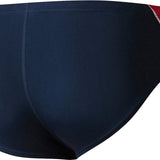 Nike Swim Men's Poly Color Surge Brief Swimsuit - A navy blue brief swimsuit with a red and white stripe on the side.