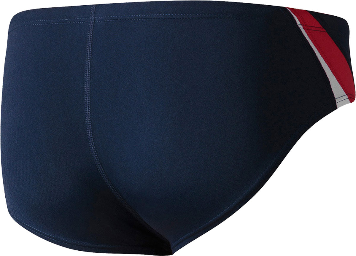 Nike Swim Men's Poly Color Surge Brief Swimsuit - A navy blue brief swimsuit with a red and white stripe on the side.