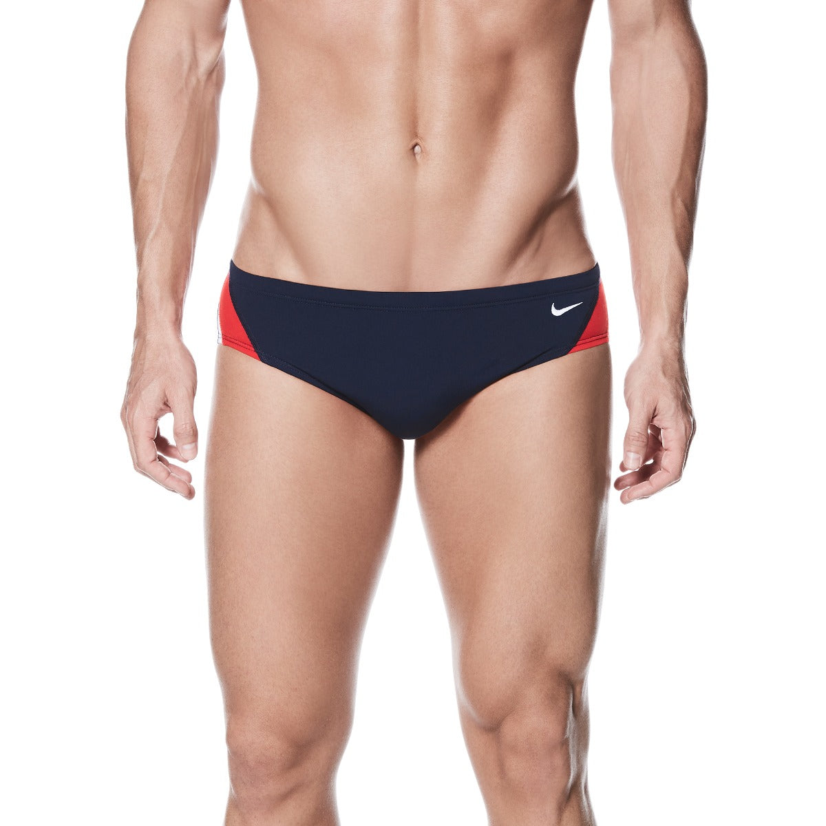 Nike Swim Men's Poly Color Surge Brief Swimsuit - A red and blue brief swimsuit with a white Nike logo on the left hip.