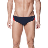 Nike Swim Men's Poly Color Surge Brief Swimsuit - A red and blue brief swimsuit with a white Nike logo on the left hip.