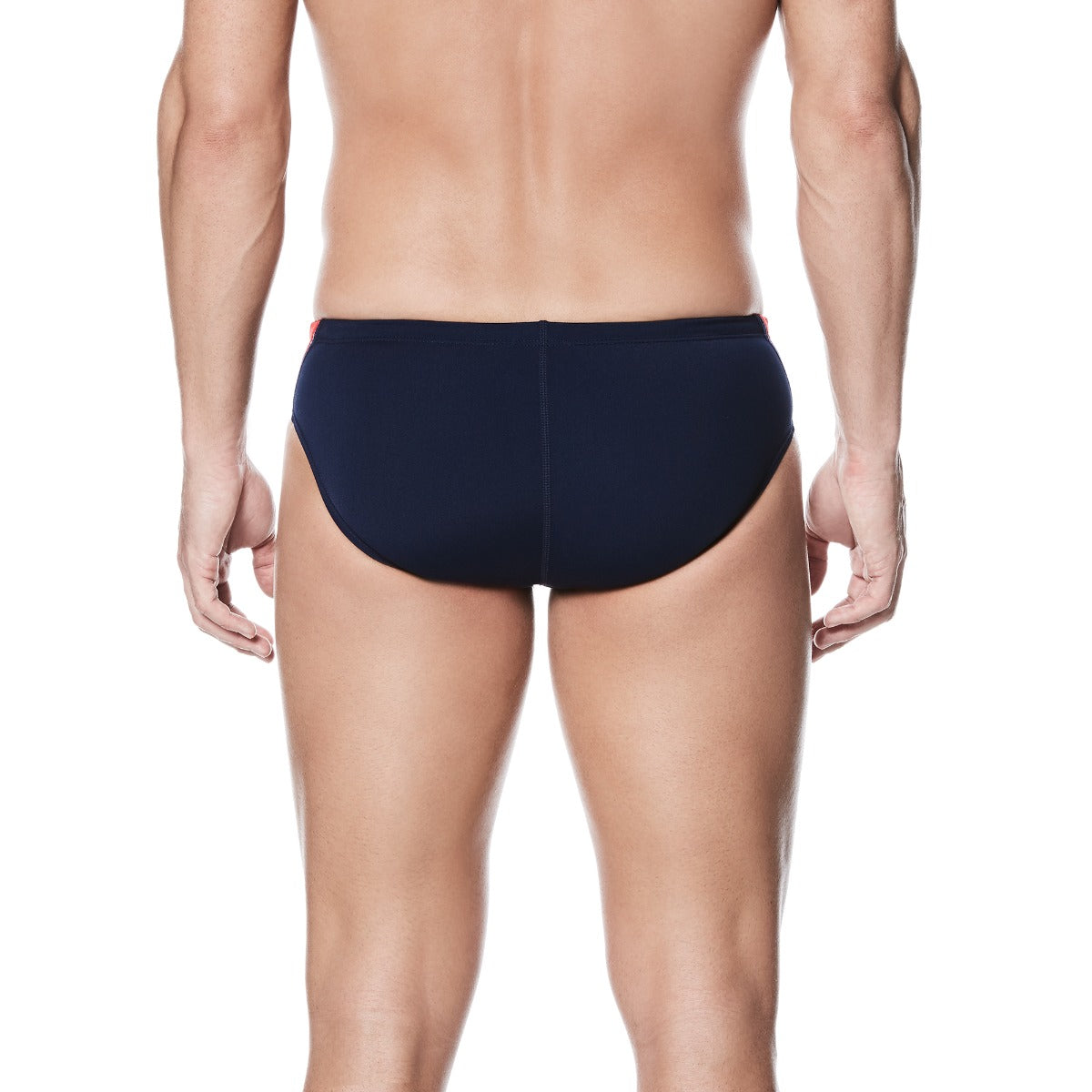 Nike Swim Men's Poly Color Surge Brief Swimsuit - A navy blue men's brief swimsuit with a red and white patterned waistband.