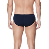 Nike Swim Men's Poly Color Surge Brief Swimsuit - A navy blue men's brief swimsuit with a red and white patterned waistband.