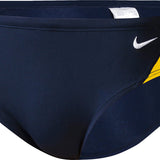 Nike Swim Men's Poly Color Surge Brief Swimsuit - A navy blue swimsuit with a white Nike logo on the left leg and a yellow stripe down the side.