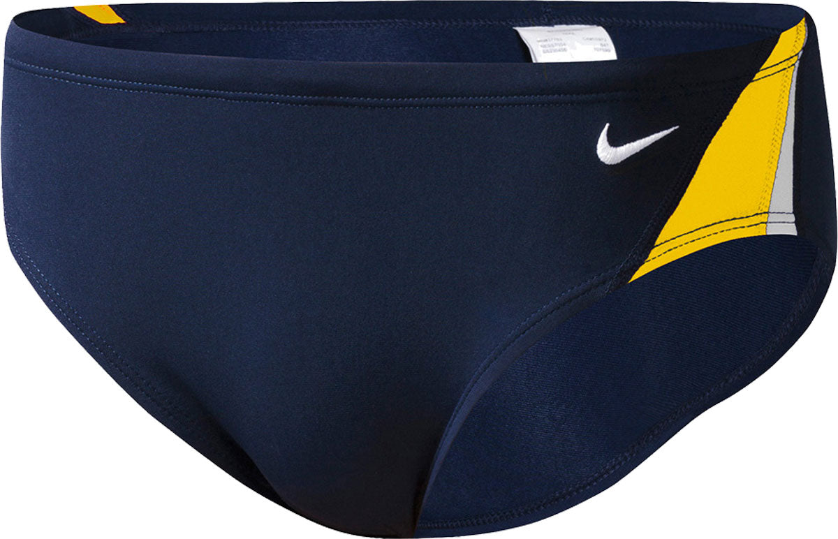 Nike Swim Men's Poly Color Surge Brief Swimsuit - A navy blue swimsuit with a white Nike logo on the left leg and a yellow stripe down the side.