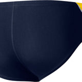 Nike Swim Men's Poly Color Surge Brief Swimsuit - A navy blue brief swimsuit with a yellow and gray stripe on the right side.