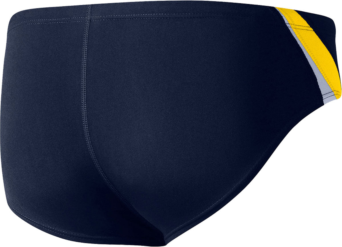 Nike Swim Men's Poly Color Surge Brief Swimsuit - A navy blue brief swimsuit with a yellow and gray stripe on the right side.