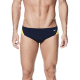 Nike Swim Men's Poly Color Surge Brief Swimsuit - A black brief swimsuit with yellow and blue accents on the sides.