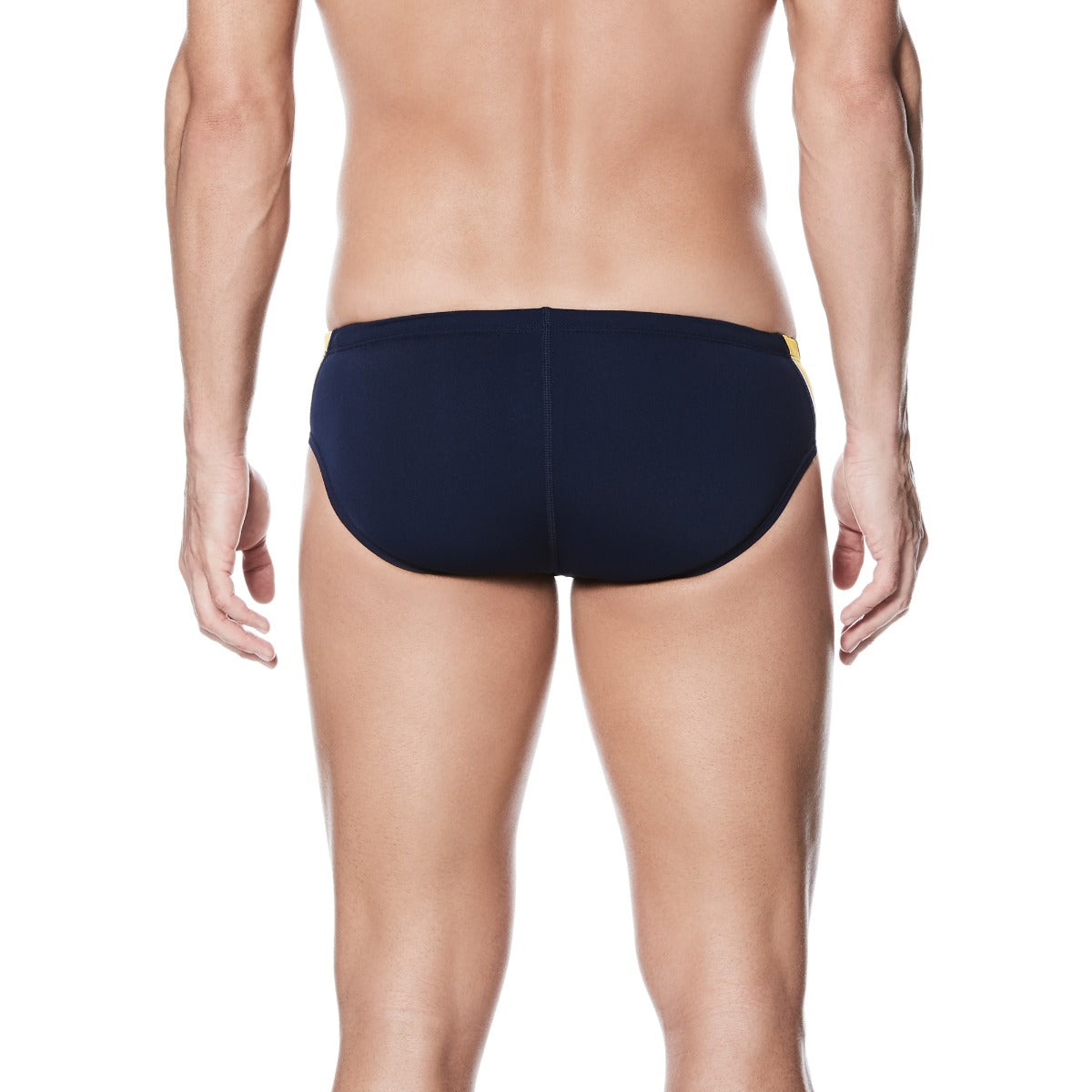 Nike Swim Men's Poly Color Surge Brief Swimsuit - A navy blue men's brief swimsuit with a yellow and red patterned stripe on the side.