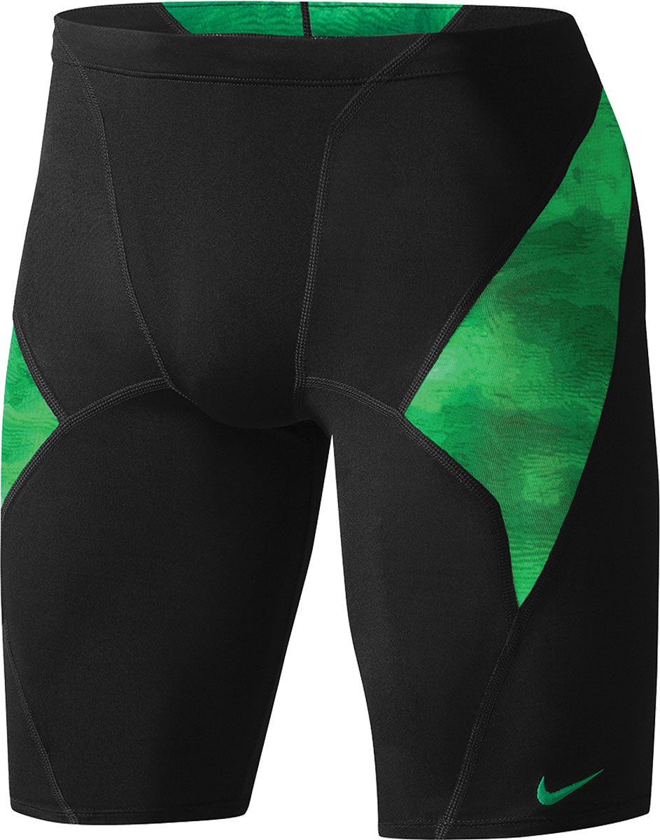 Nike Swim Men's Cloud Jammer Swimsuit - A black swimsuit with a subtle green pattern on the upper thigh area.