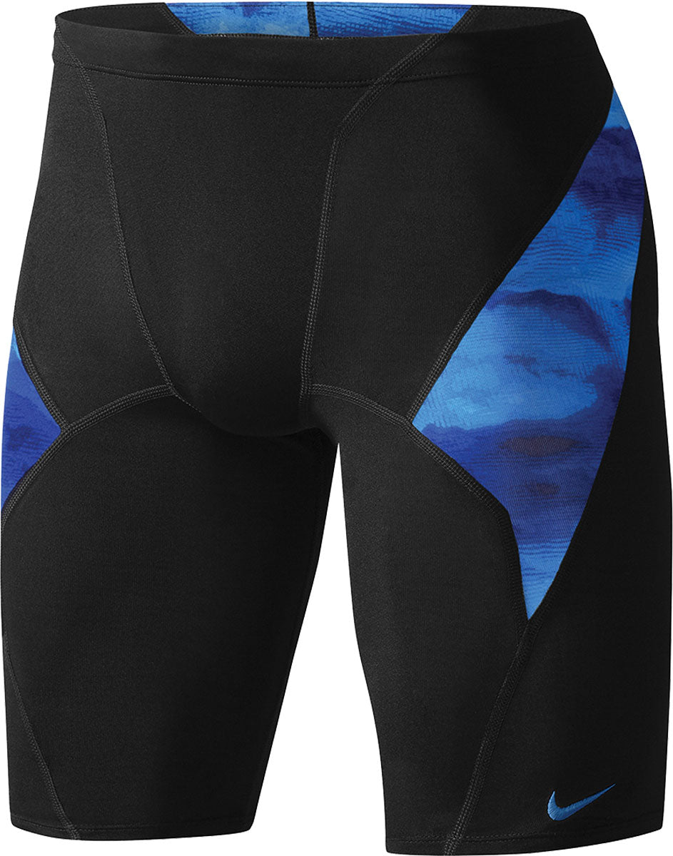 Nike Swim Men's Cloud Jammer Swimsuit - A black swimsuit with a subtle cloud pattern in light blue and white, featuring a distinctive Nike logo on the left leg.