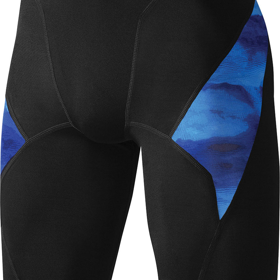 Nike Swim Men's Cloud Jammer Swimsuit - A black swimsuit with a subtle cloud pattern in light blue and white, featuring a distinctive Nike logo on the left leg.
