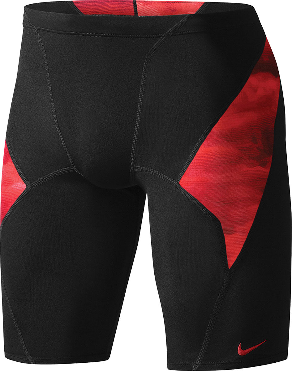 Nike Swim Men's Cloud Jammer Swimsuit - A black swimsuit with a subtle cloud pattern on the fabric, featuring a red stripe along the side seam.