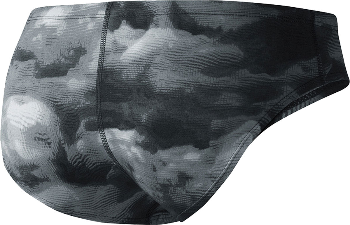 Nike Swim Men's Cloud Brief Swimsuit - A black men's swimsuit with a cloud pattern and a low-rise design.