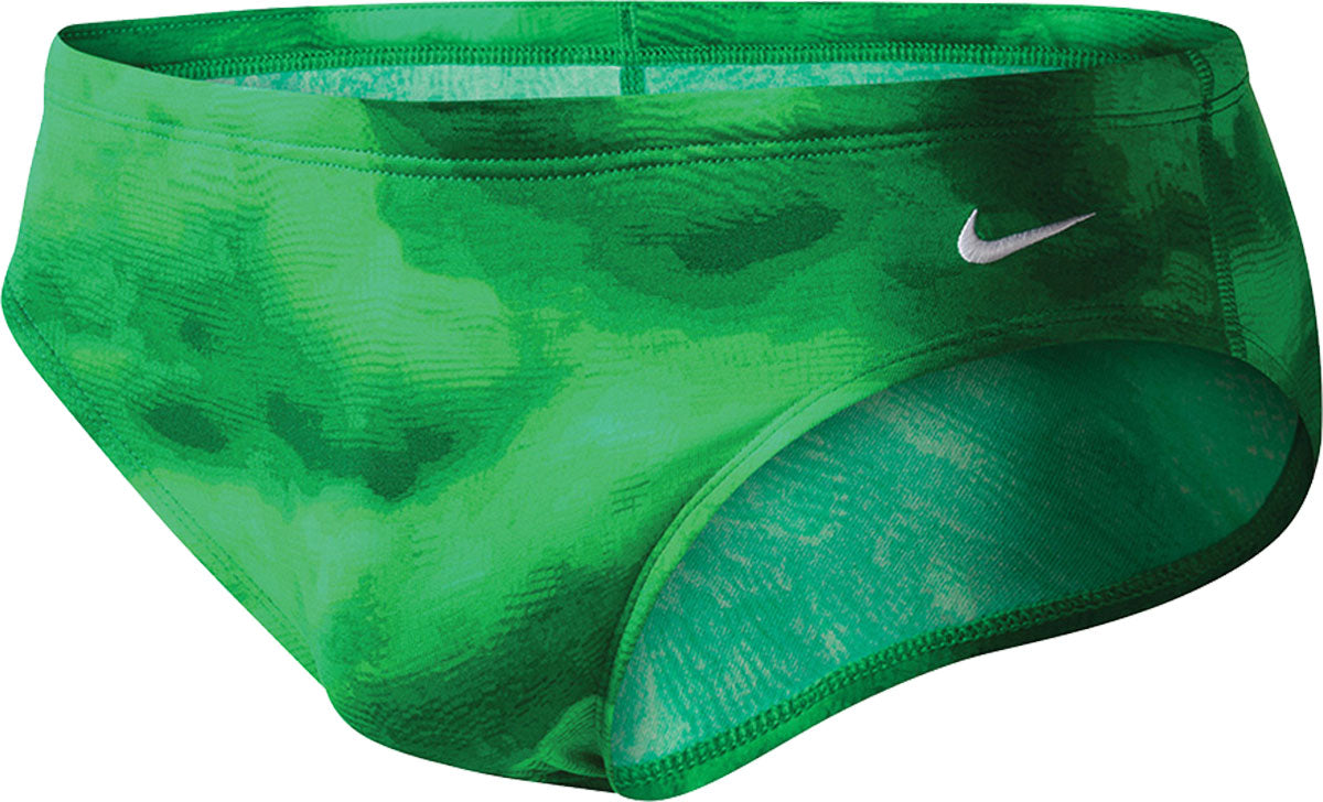Nike Swim Men's Cloud Brief Swimsuit - A green men's brief swimsuit with a white Nike swoosh logo on the left hip, featuring a cloud pattern and a mesh lining.