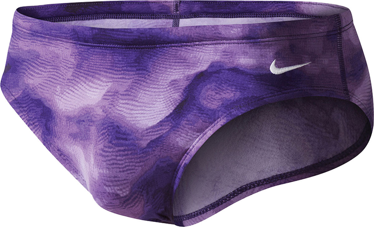 Nike Swim Men's Cloud Brief Swimsuit - A purple men's brief swimsuit with a white Nike swoosh logo on the left hip.