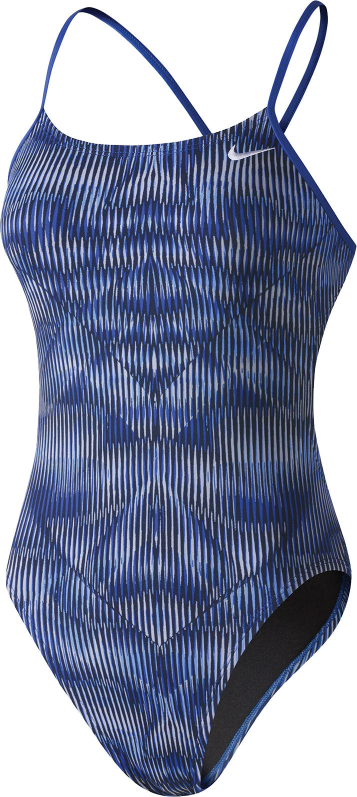 Nike Swim Ladies' Vibe Cut-Out Tank One-Piece Swimsuit - A blue and white one-piece swimsuit with a cut-out design on the side, featuring thin straps and a tank-style top.