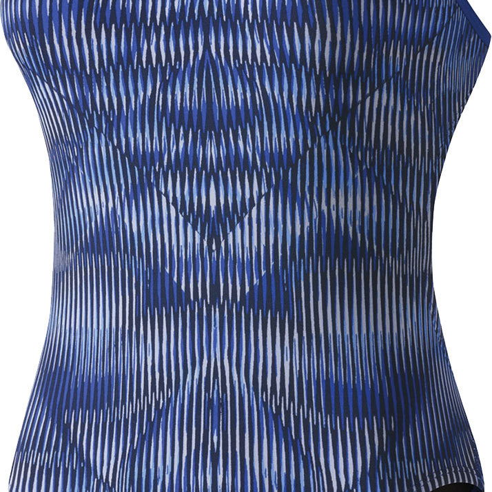 Nike Swim Ladies' Vibe Cut-Out Tank One-Piece Swimsuit - A blue and white one-piece swimsuit with a cut-out design on the side, featuring thin straps and a tank-style top.